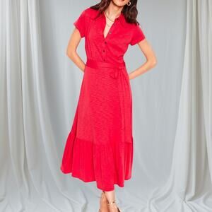 NWT Boden Cressida Slub Red Jersey Dress Tiered Belted Business Casual Size 14R